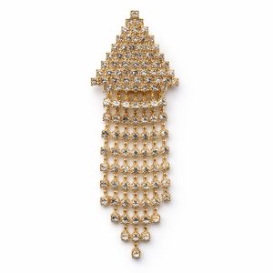 Gold plated dangle brooch with clear rhinestones