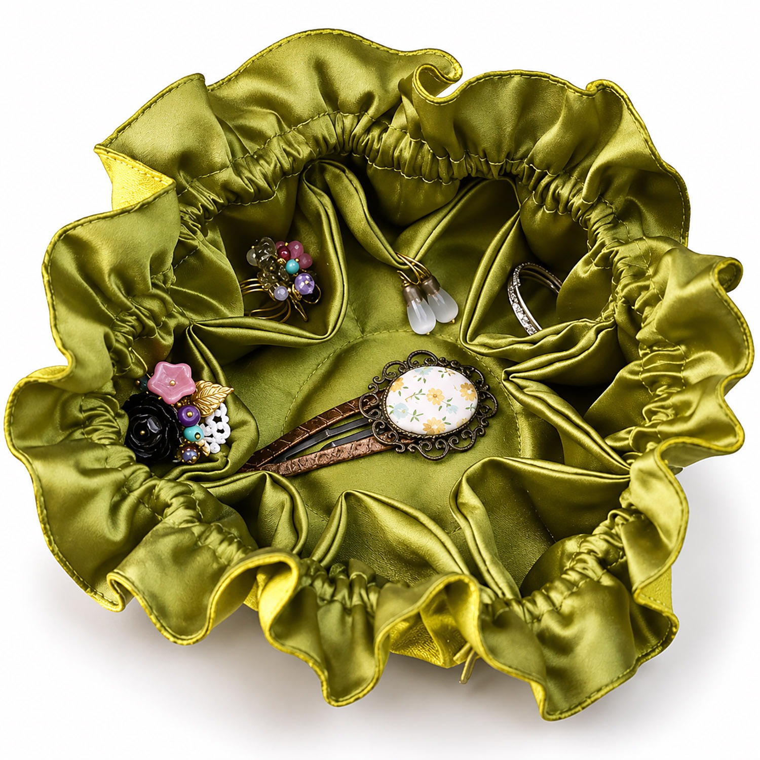 Green Satin Jewelry Drawstring Pouch with Gold Beads