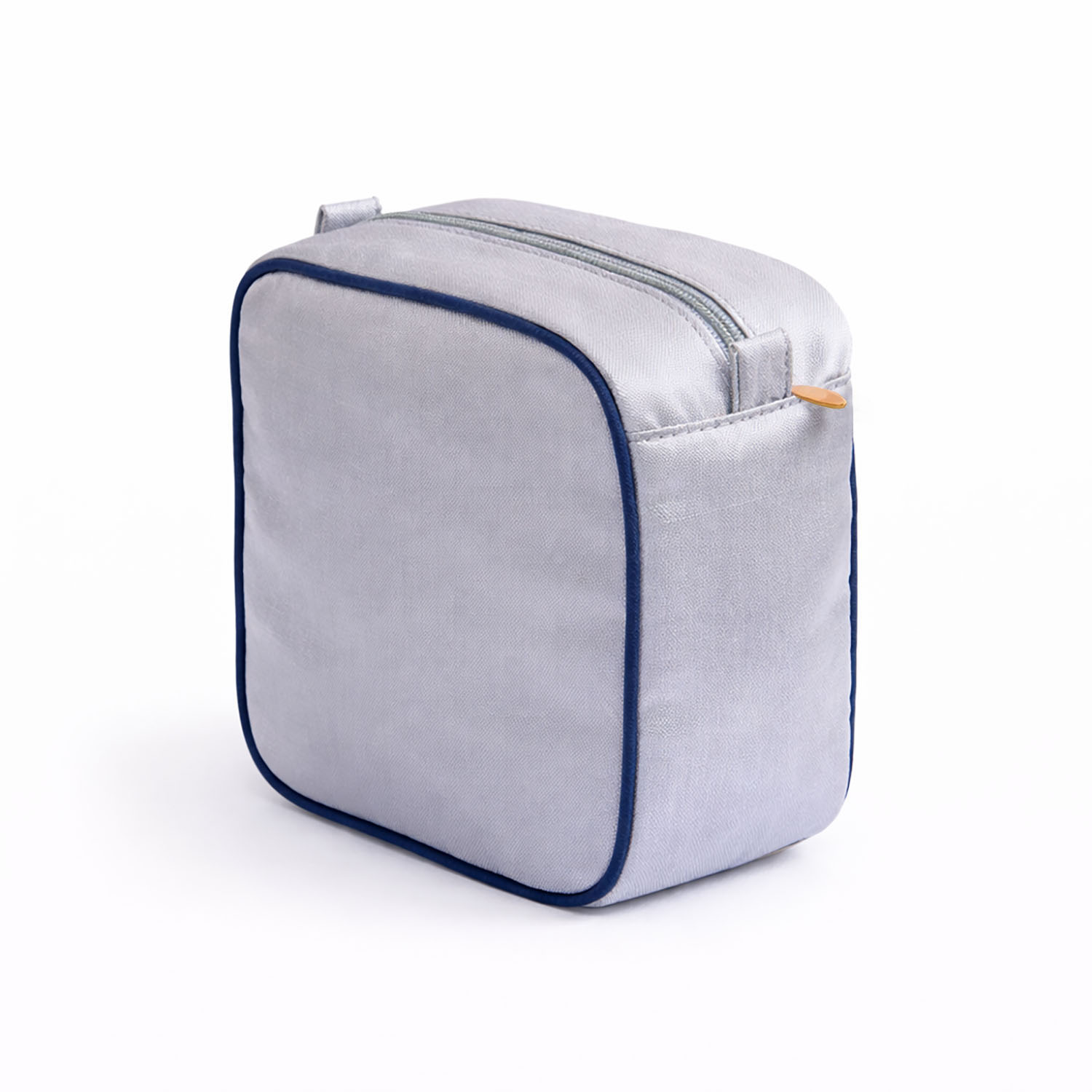 Grey Thai Silk Cosmetic Bag with Navy Piping