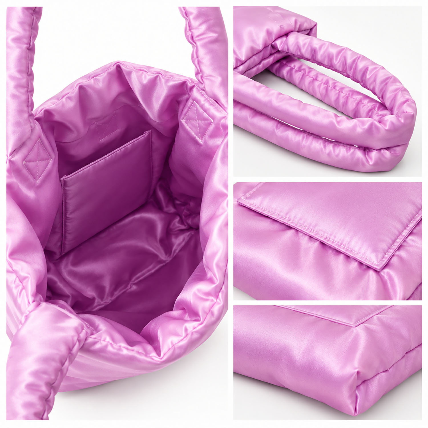 Interior and details of Light Lavender Silk Puffer Tote Bag