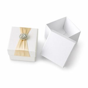 Ivory Wedding Favor Box With Pearl Button Brooch & Rhinestone Crystal Embellishment