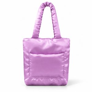 Light lavender silk puffer tote bag with padded shoulder handles and front pocket, handmade in Thailand