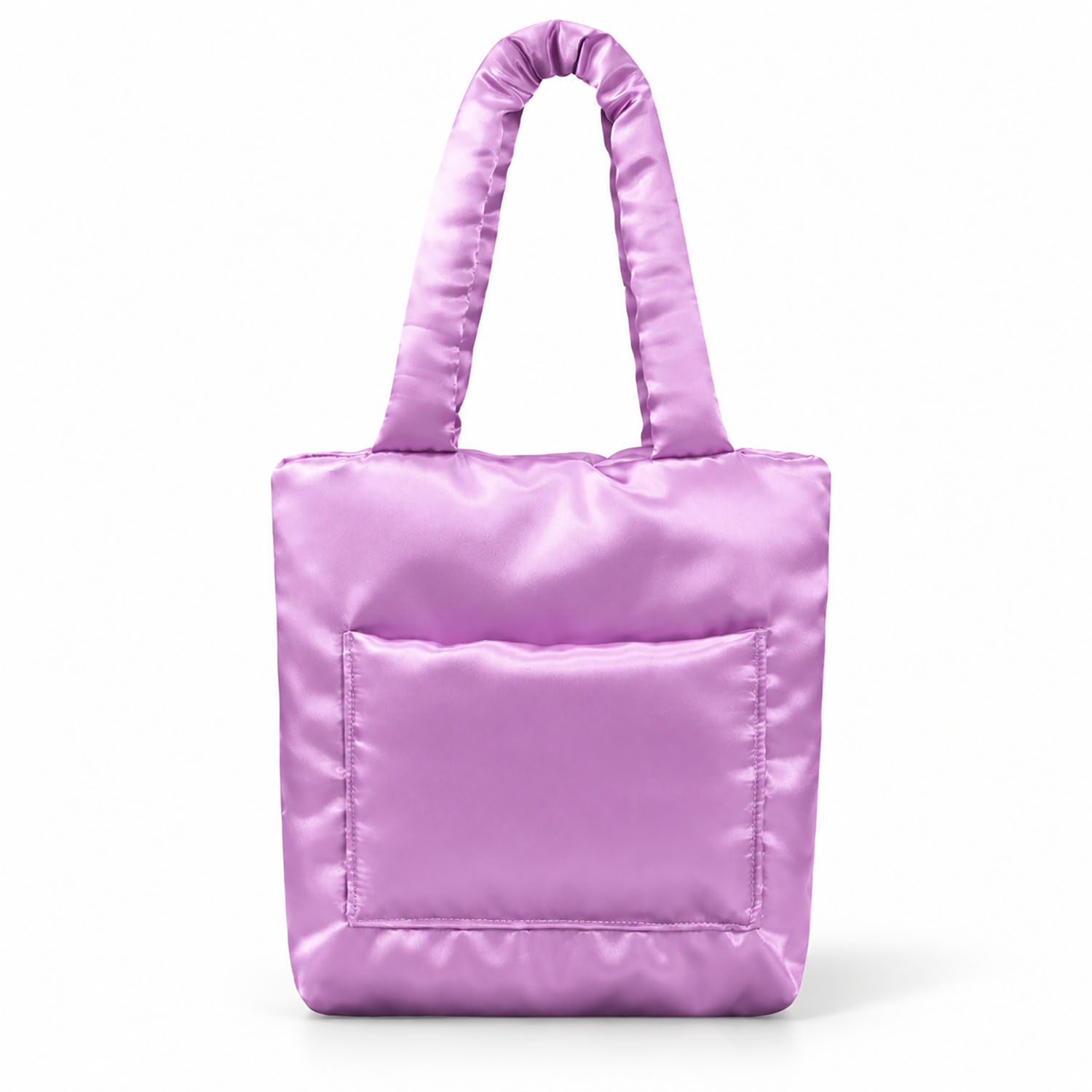 Light lavender silk puffer tote bag with padded shoulder handles and front pocket, handmade in Thailand
