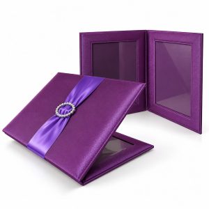 Embellished silk photo folder with ribbon and crystal buckle