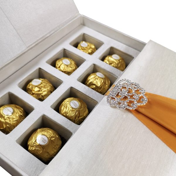 silk chocolate tray invitation box with embellishment for chocolate gift and wedding cards