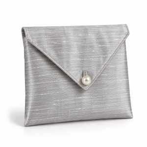 Silver padded silk jewelry envelope with pearl button closure