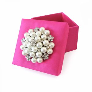 Small Deep Pink Silk Favor Box with Pearl Brooch