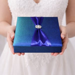 Turquoise wedding invitation card silk box with rhinestone brooch