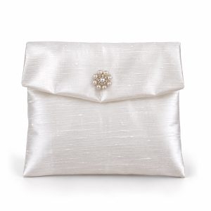 White Silk Jewelry Pouch with Pearl Button