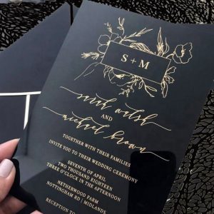 Acrylic invitation card with gold text