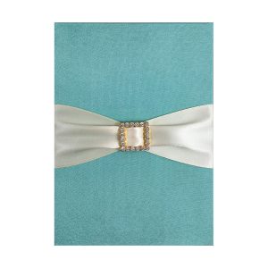 Aqua silk card with ribbon and pocket for invitation cards