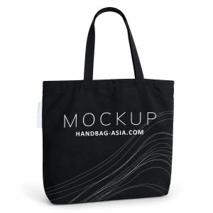 black canvas tote bag with white custom print