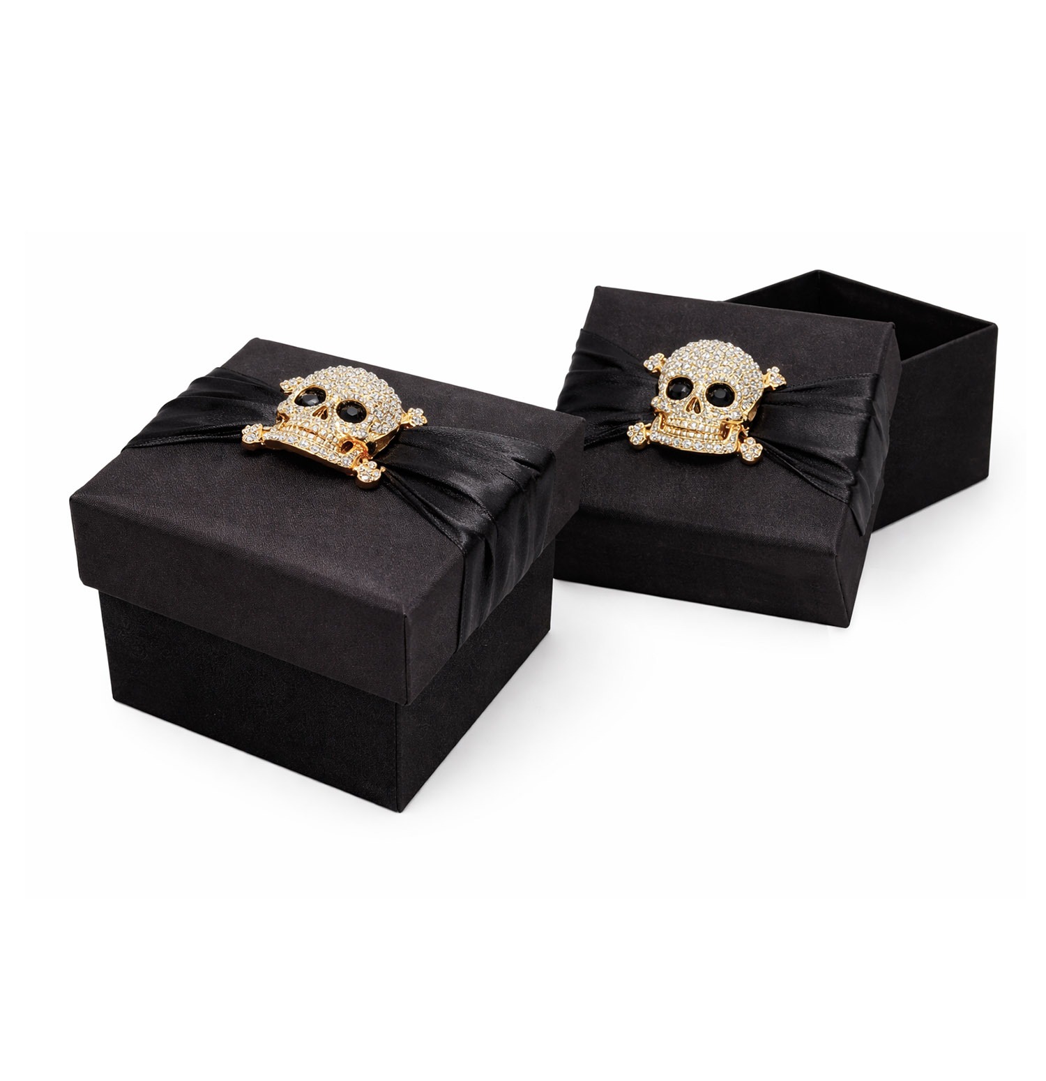 Black silk box with rhinestone crystal skull brooch