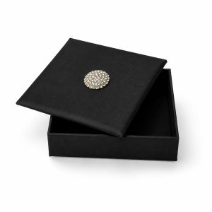 black silk invitation box with round brooch