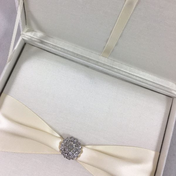 White crystal brooch embellished boxed wedding invitation