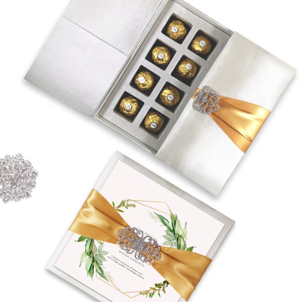 Luxury embellished gatefold invitation box with chocolate tray