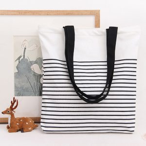 Cotton beach bag with black and white stripes
