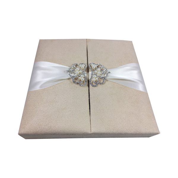 Beige suede invitation box with pearl pair brooch