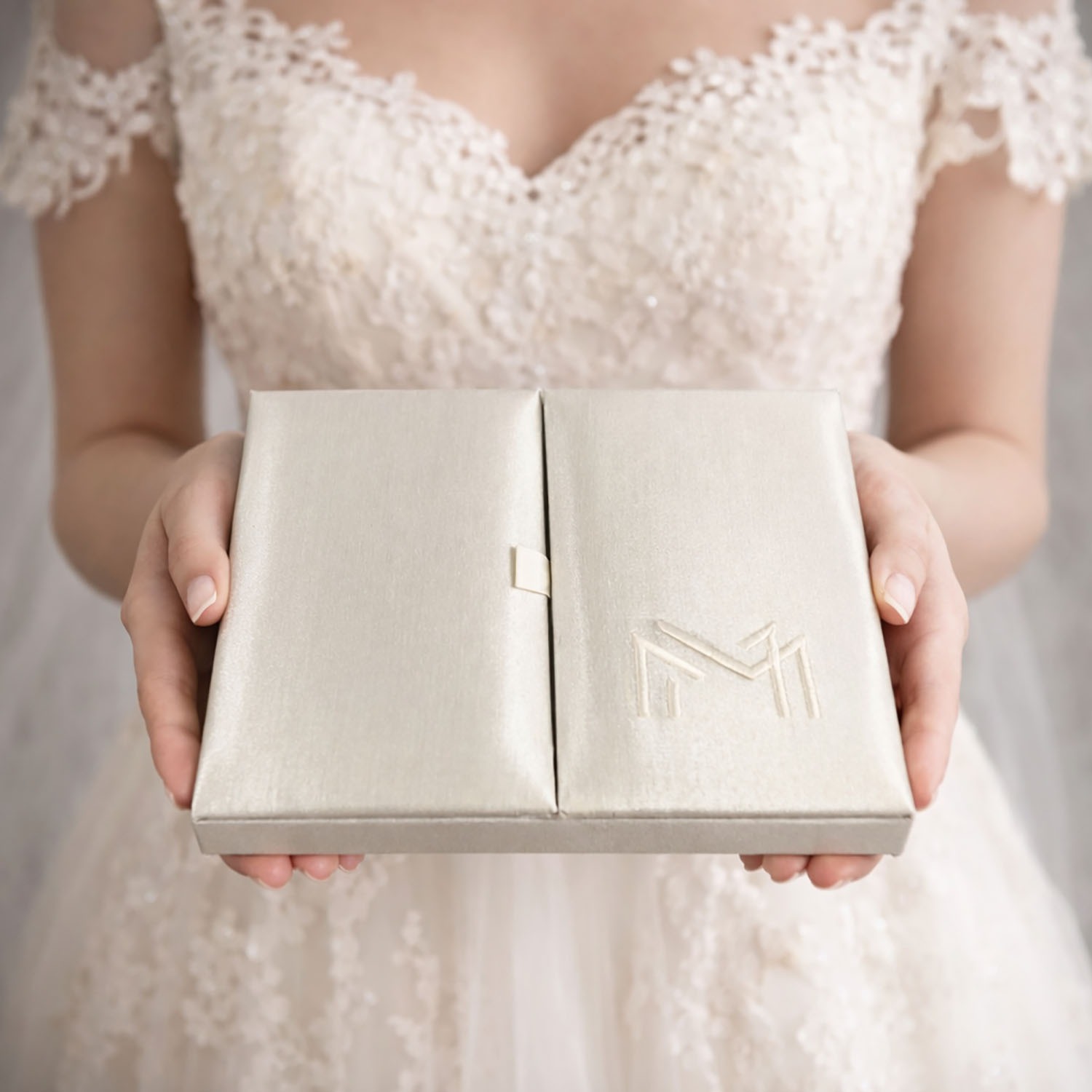 Off-White Wedding Invitation Box Style With Embroidery