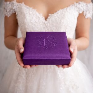 Custom monogram embroidered silk invitation box from Thailand