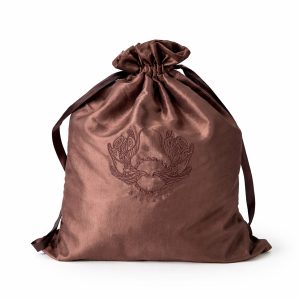 Custom embroidered chocolate brown taffeta silk drawstring bag