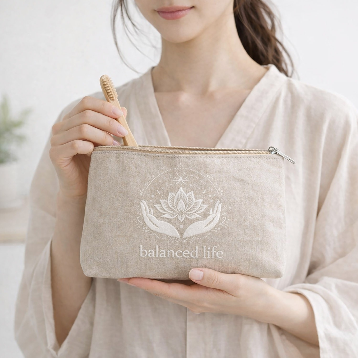 Embroidered natural hemp cosmetic bag