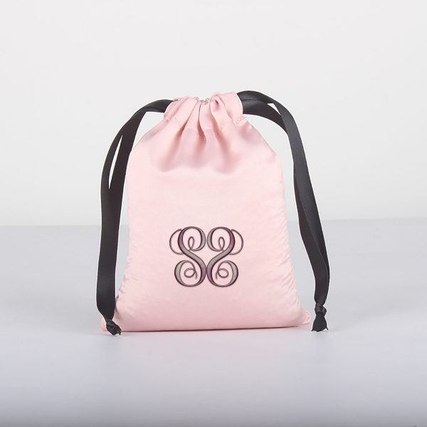 Embroidered satin drawstring bag