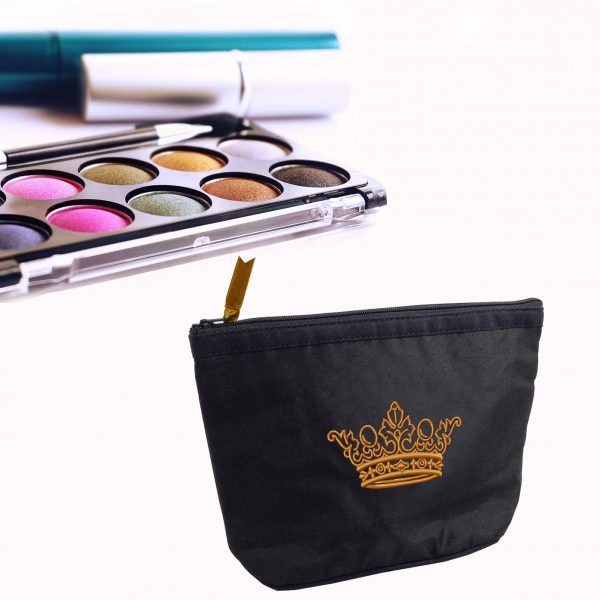 Embroidered silk cosmetic bag with crown