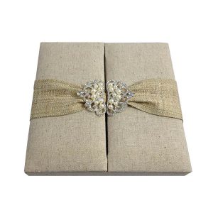 Pearl brooch embellished hemp fabric invitation box