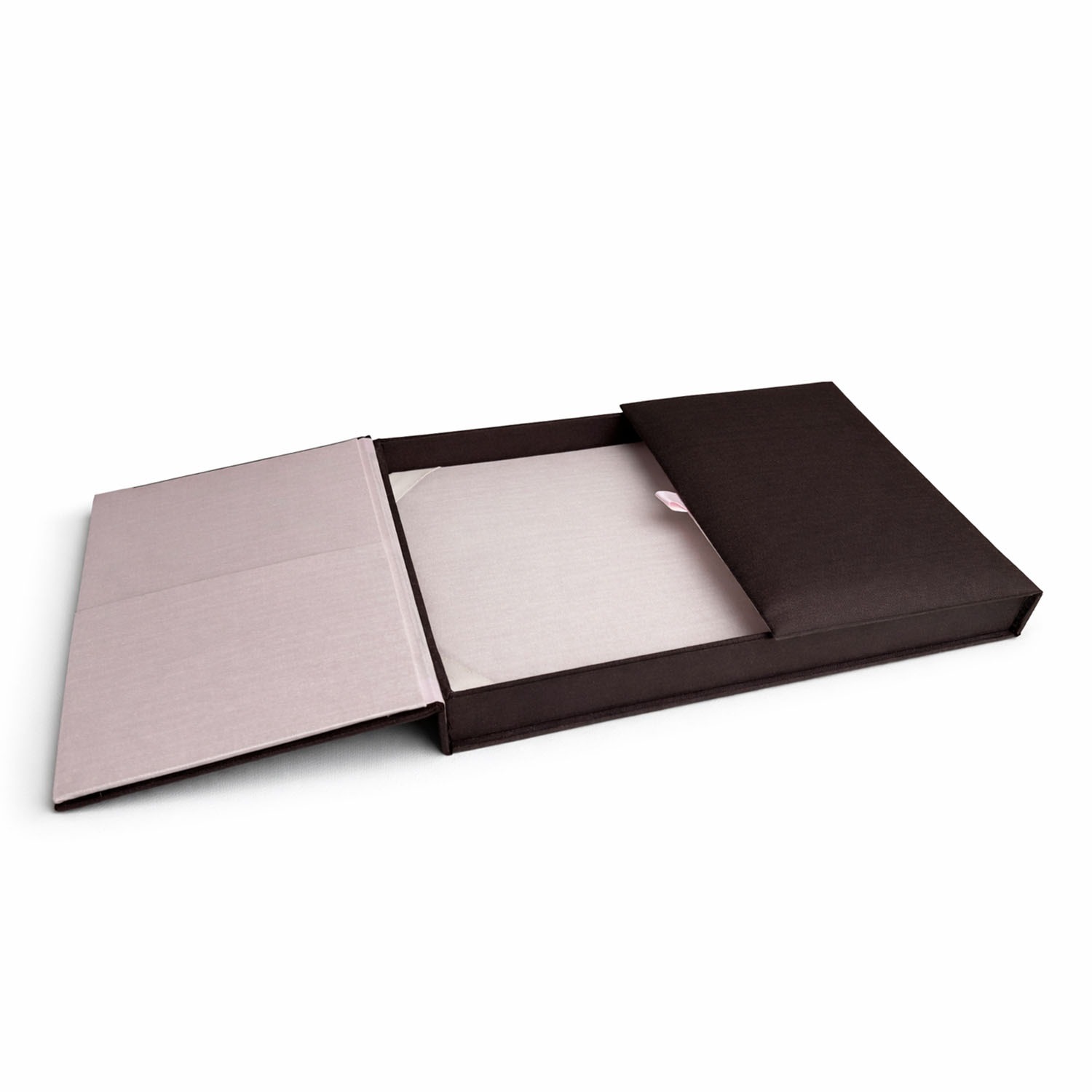 Gatefold silk wedding invitation box with chocolate and light pink silk