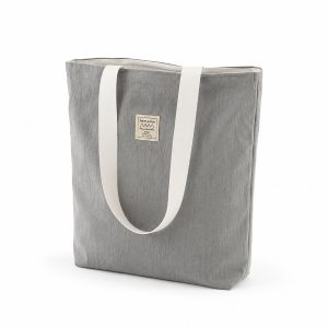 grey cotton tote bag with magnet closure and printed logo label