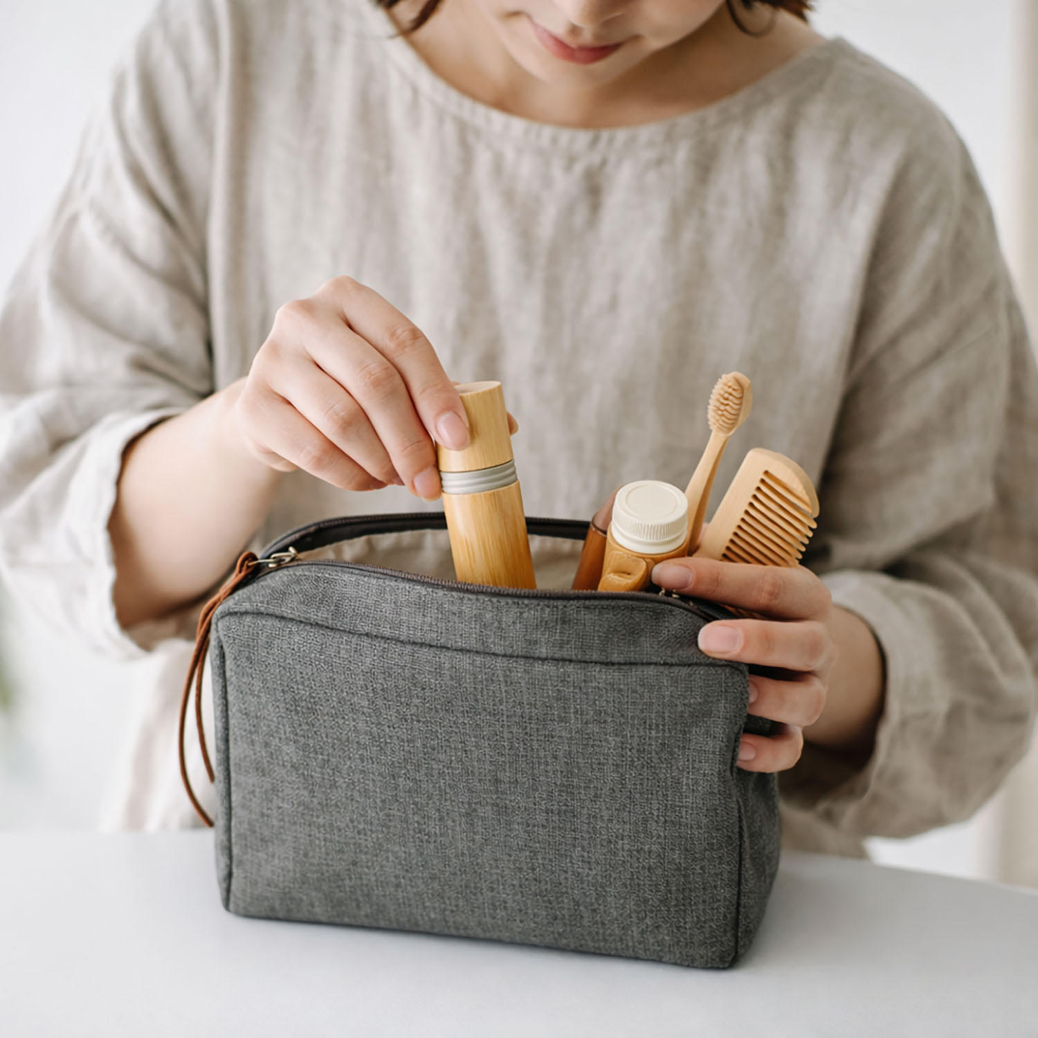 Zippered grey make up bag from Chiang Mai, Thailand