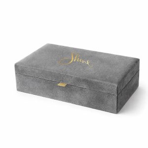 Luxury grey suede box with gold foil stamped logo from Thailand