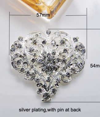 Silver crystal hear brooch for wedding embellishment