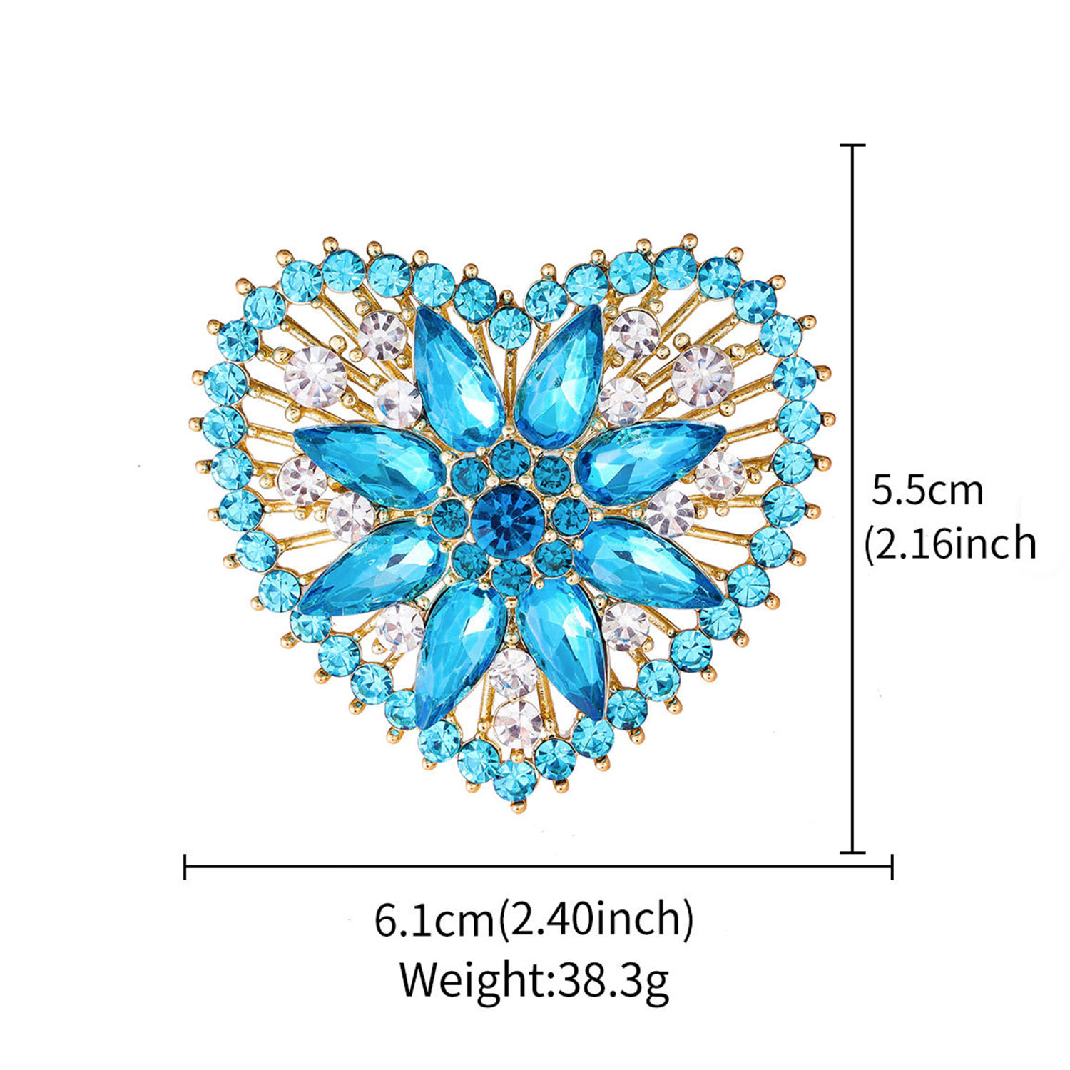 Measurements of heart shaped rhinestone brooch