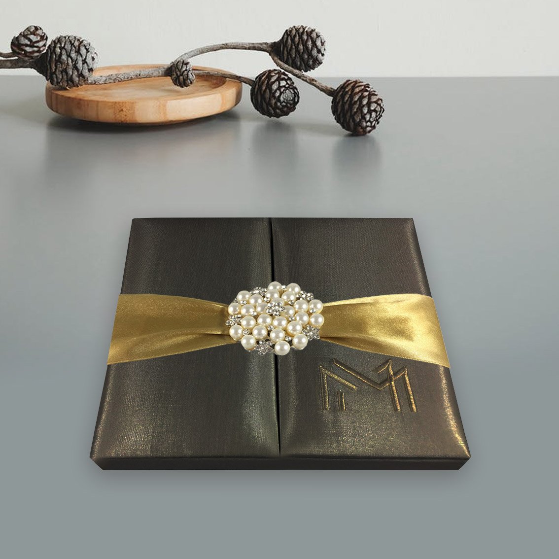 Luxury Brown Gold Boxed Wedding Invitation With Pearl Brooch