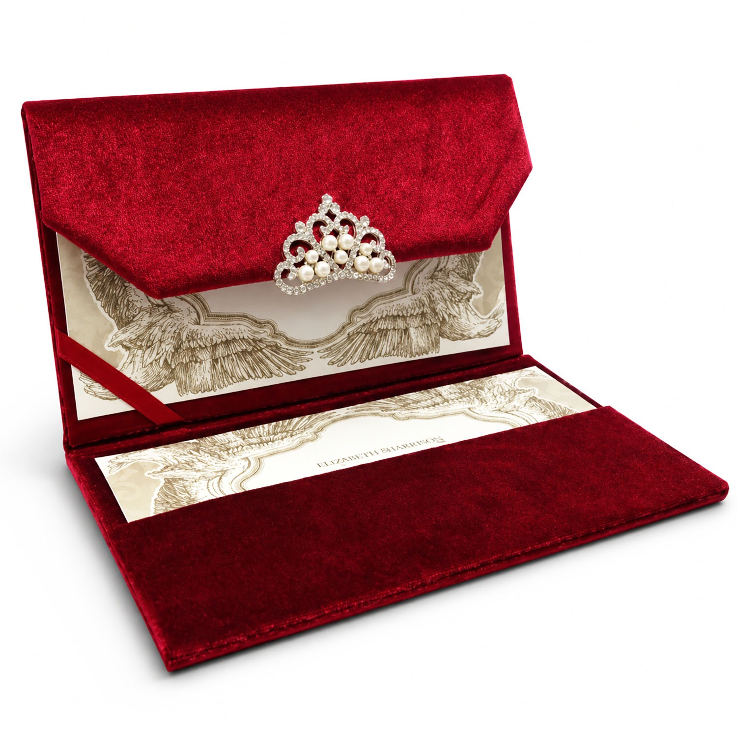 interior of velvet invitation clutch pouch