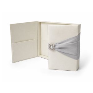 ivory and silver gatefold invitation box with pair brooch
