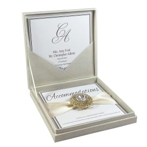 Brooch embellished boxed wedding invitation