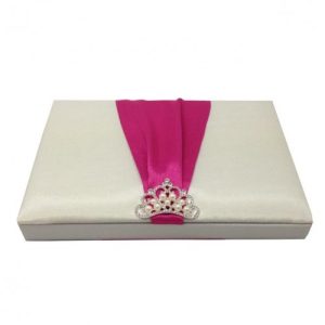 Ivory wedding box with pink ribbon and pearl brooch