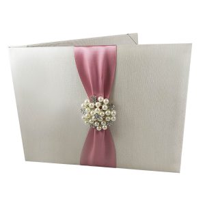 Luxury ivory inviattion folio with pearl & ribbon embellishment