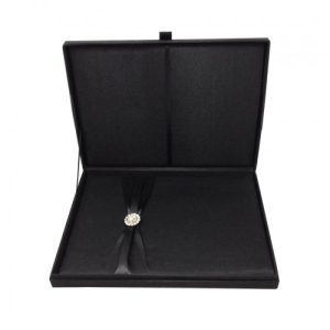 Black silk invitation box with hinged lid and removable silk pad for wedding cards