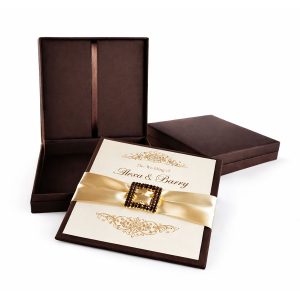 Chocolate brown silk wedding invitation box with removable silk card holder