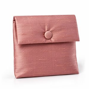 Rose dupioni silk jewelry pouch with fabric button closure