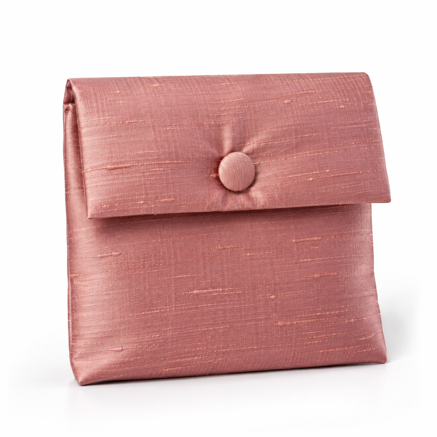Rose dupioni silk jewelry pouch with fabric button closure