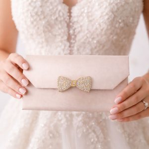 Luxury blush pink tri fold silk wedding card envelope