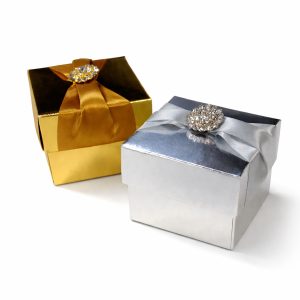 metallic gold & metallic silver wedding favor box with button rhinstone wedding brooch