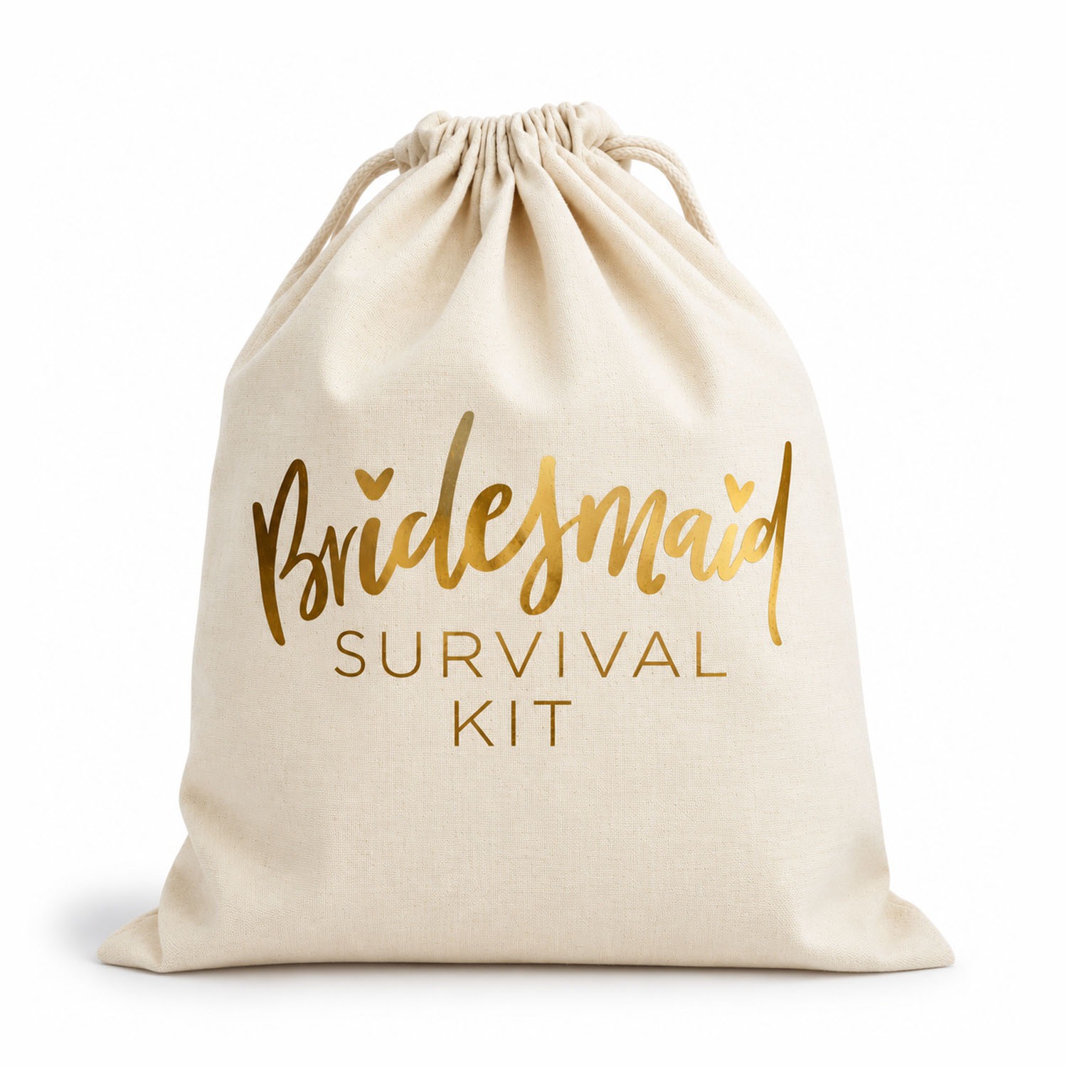 Custom bridesmaid survival kit cotton drawstring bag with metallic gold printing for personalized bridal party gift packaging.