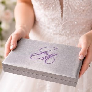 Monogram embroidered grey silk box