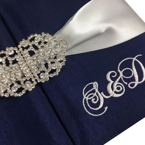 Navy blue silk invitation folio with monogram embroidery